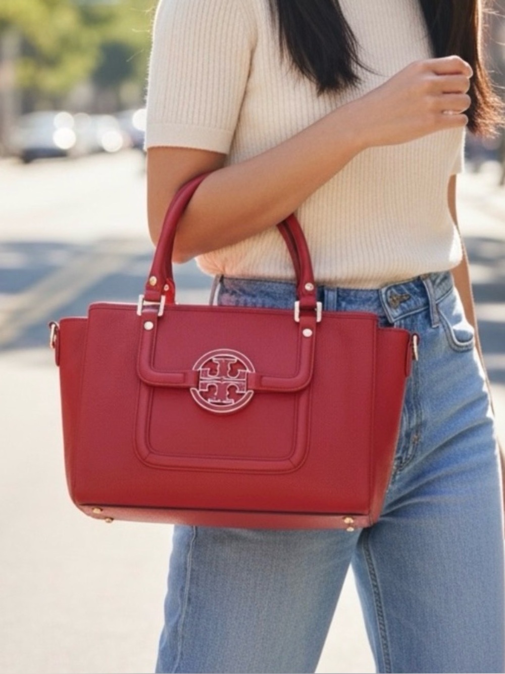 Tory Burch Amanda Mini Tote Reddish Orange Pebbled Leather Satchel Crossbody Bag